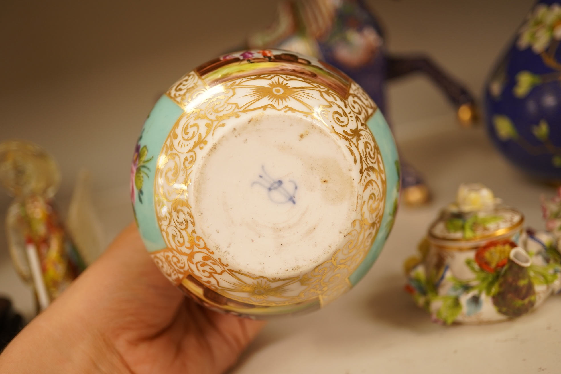 A Chinese cloisonné enamel horse and vase, two miniature Rockingham floral teapots, a malachite box etc (9). Cloisonné horse 20cm long.